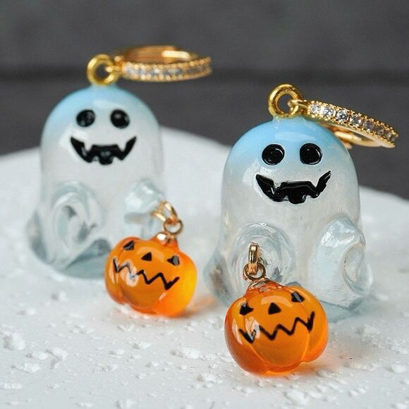 Ghost Pumpkin Earrings With Zirconia Circle Halloween trick or treat - Picture 6 of 13